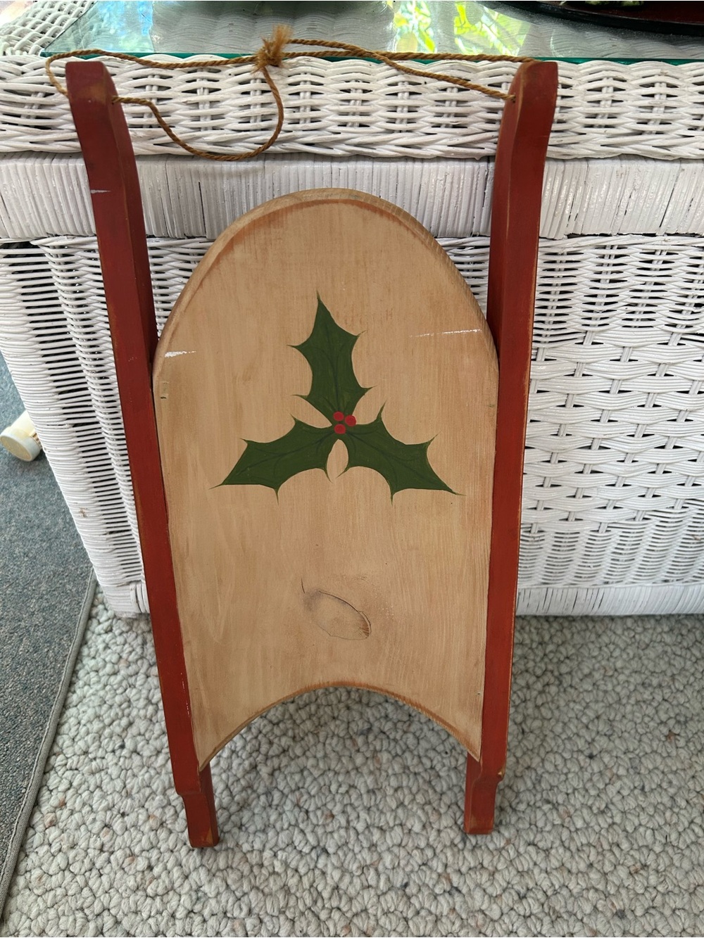 Wooden Holiday Sled Decor in Red & Natural w/ Holly Motif, for wall, door decor